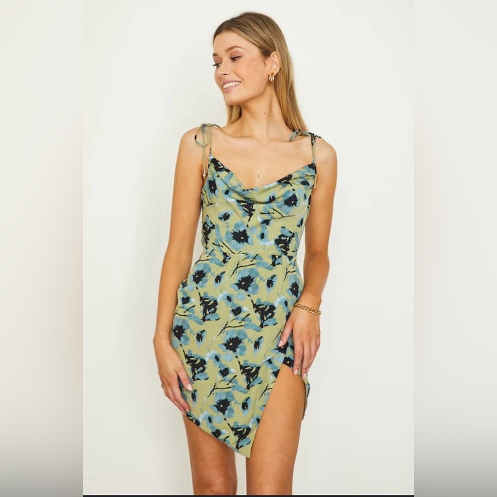 Here Comes The Sun. Size 8. Green Slip Mini Dress with Cowl Neck and Slit